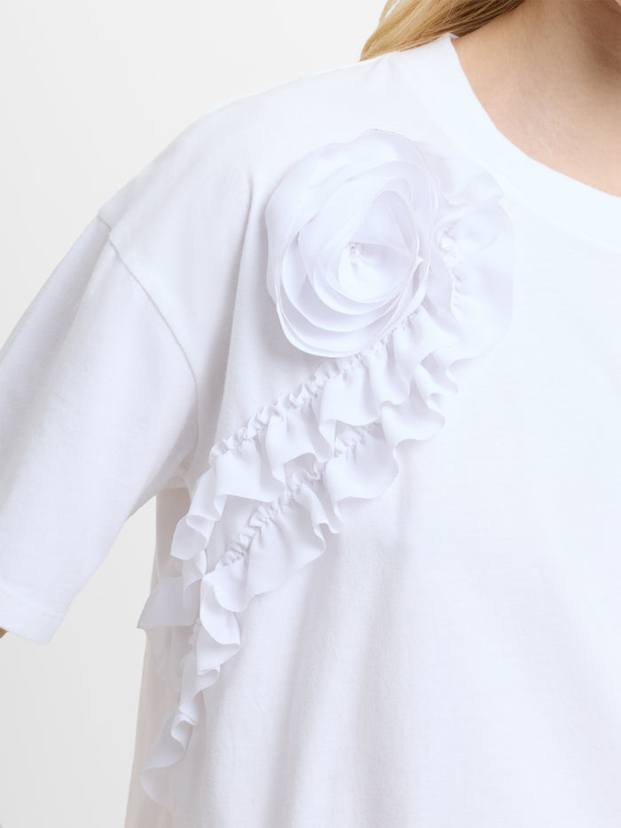Cotton Crepe Ruffle Floral White T-Shirt