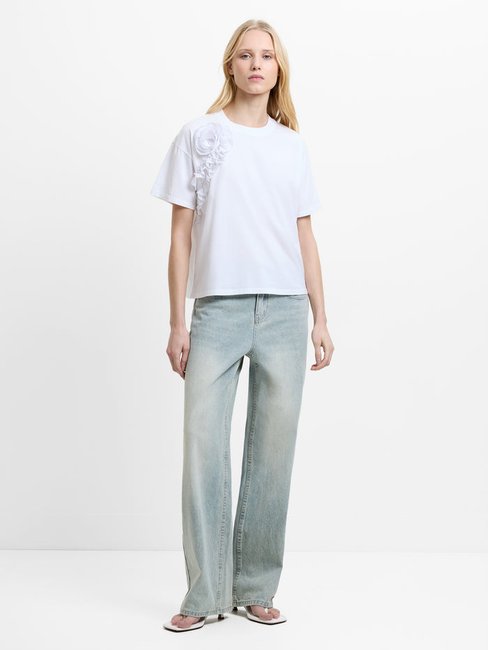 Cotton Crepe Ruffle Floral White T-Shirt