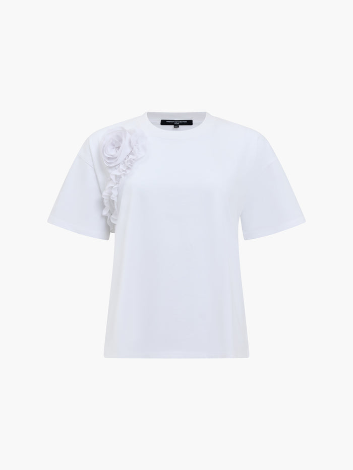 Cotton Crepe Ruffle Floral White T-Shirt