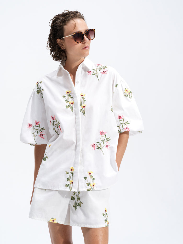 Cotton Floral Embroidered Puff Sleeve White Shirt