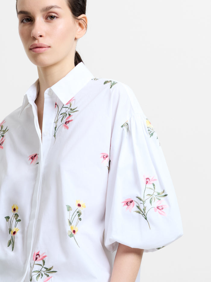 Cotton Floral Embroidered Puff Sleeve White Shirt