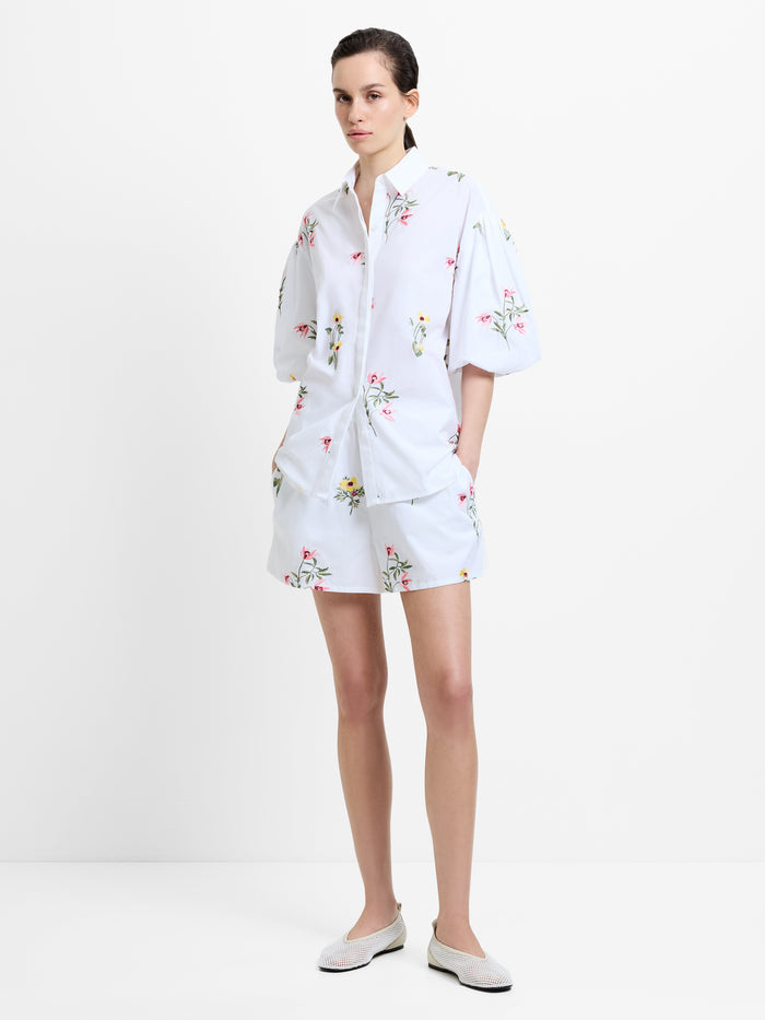 Cotton Floral Embroidered Puff Sleeve White Shirt