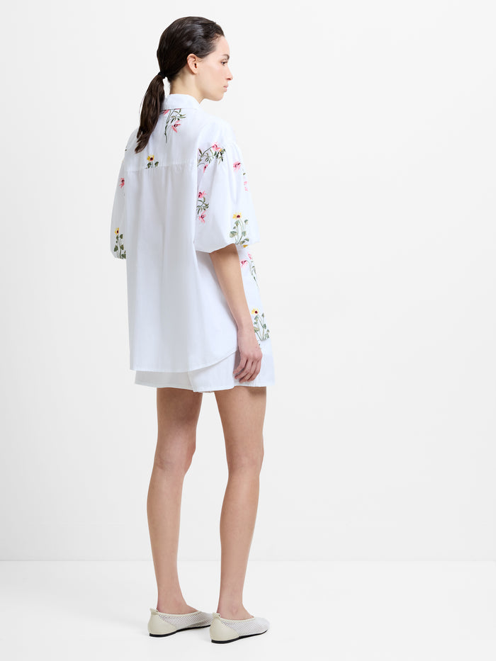 Cotton Floral Embroidered Puff Sleeve White Shirt
