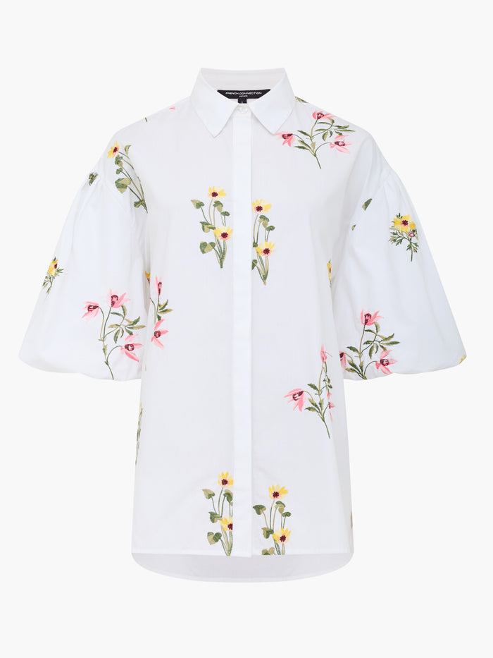 Cotton Floral Embroidered Puff Sleeve White Shirt