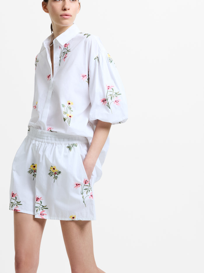 Cotton Floral Embroidered White Shorts