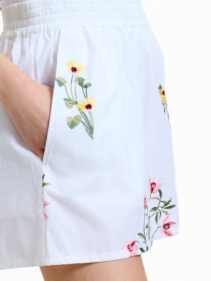 Cotton Floral Embroidered White Shorts