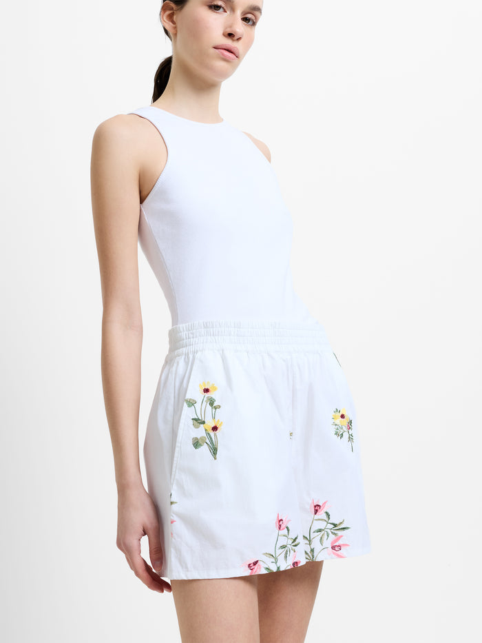 Cotton Floral Embroidered White Shorts