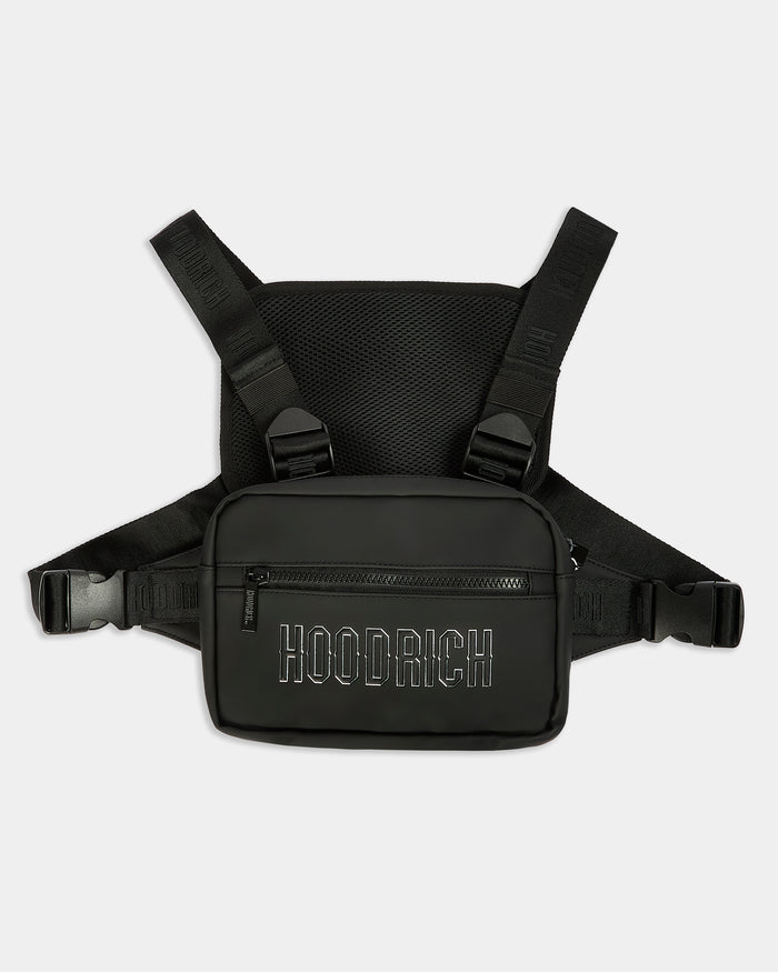 Black chest bag with 'Hoodrich' branding on a white background