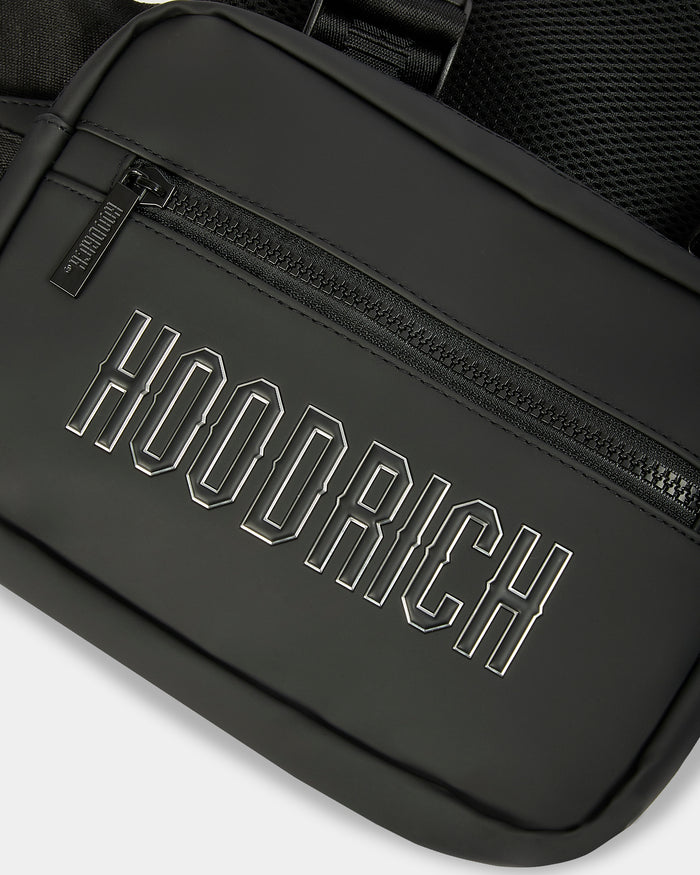 Black chest bag with 'Hoodrich' branding on a white background
