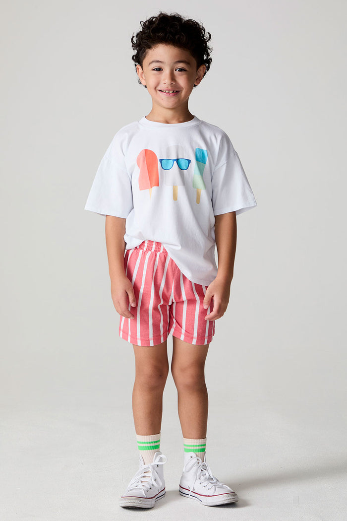 Full body front view of a boy wearing the Chaser Cozy Sungraze Stripe Beach Short on a neutral background