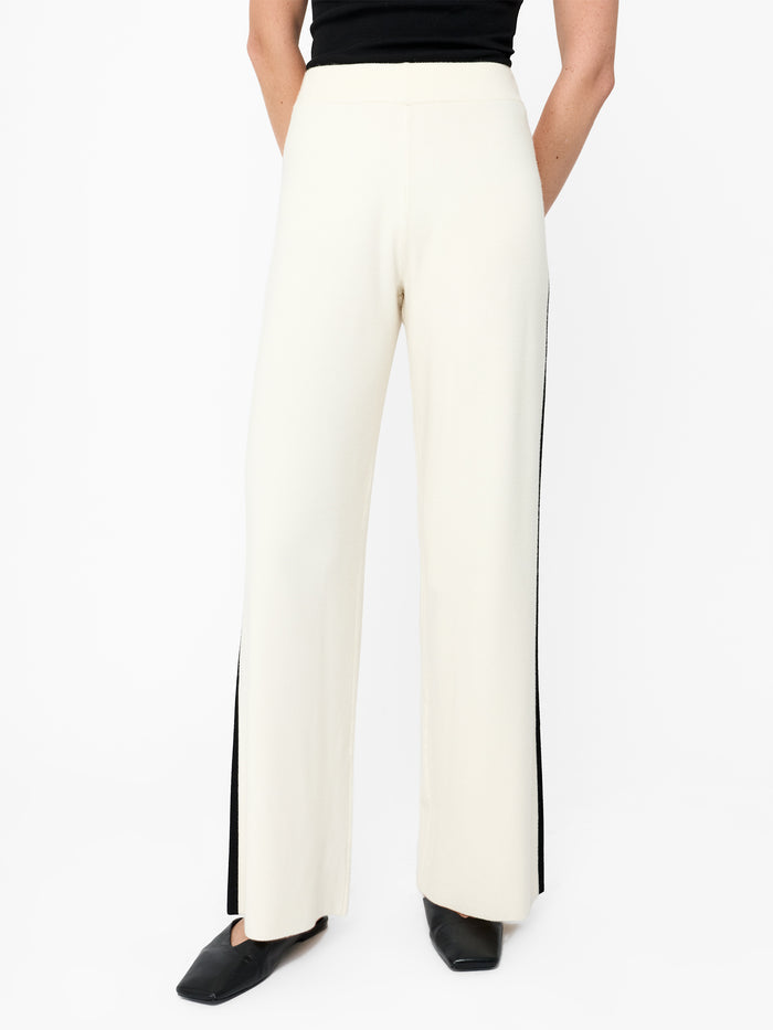 Cream Contrast Stripe Knit Wide Leg Trousers