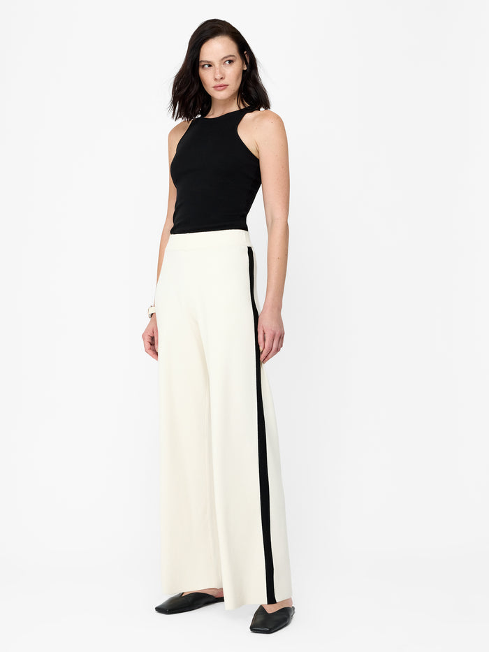Cream Contrast Stripe Knit Wide Leg Trousers