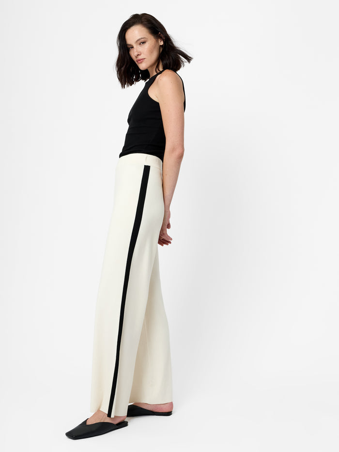 Cream Contrast Stripe Knit Wide Leg Trousers