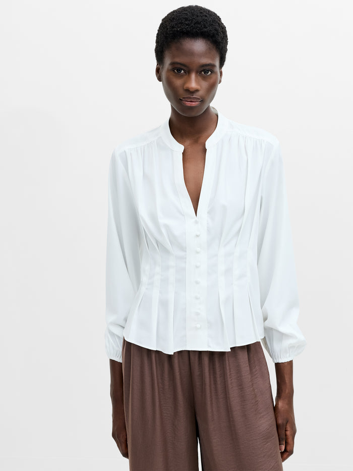 Crepe Pleat Button-Down Top