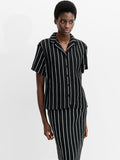 Crochet Knit Striped Black Short Sleeve Shirt