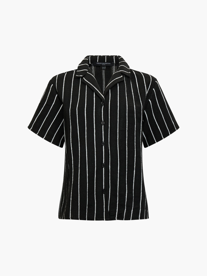 Crochet Knit Striped Black Short Sleeve Shirt