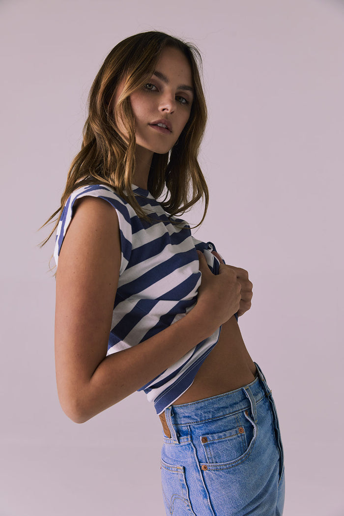 Side view of the Chaser Cropped Castaway Stripe Cap Sleeve Crew Neck Tee showing the soft drape and casual cap sleeve design