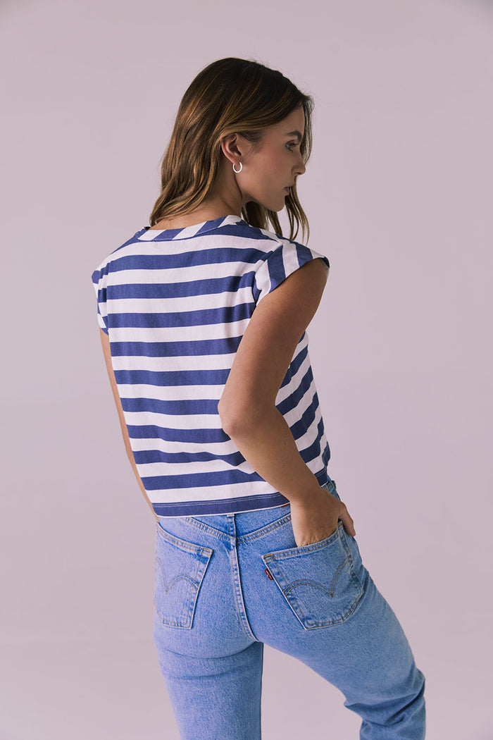 Back view of the Chaser Cropped Castaway Stripe Cap Sleeve Crew Neck Tee highlighting the even stripe pattern and easy, boxy fit