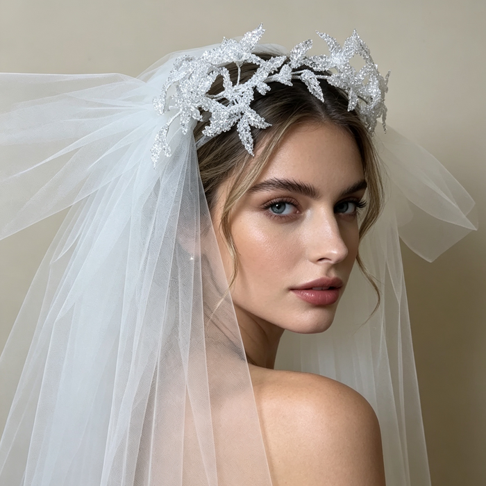 Bride wearing a sparkling flower crown veil headpiece with crystal details for a romantic wedding ceremony and bridal portrait.