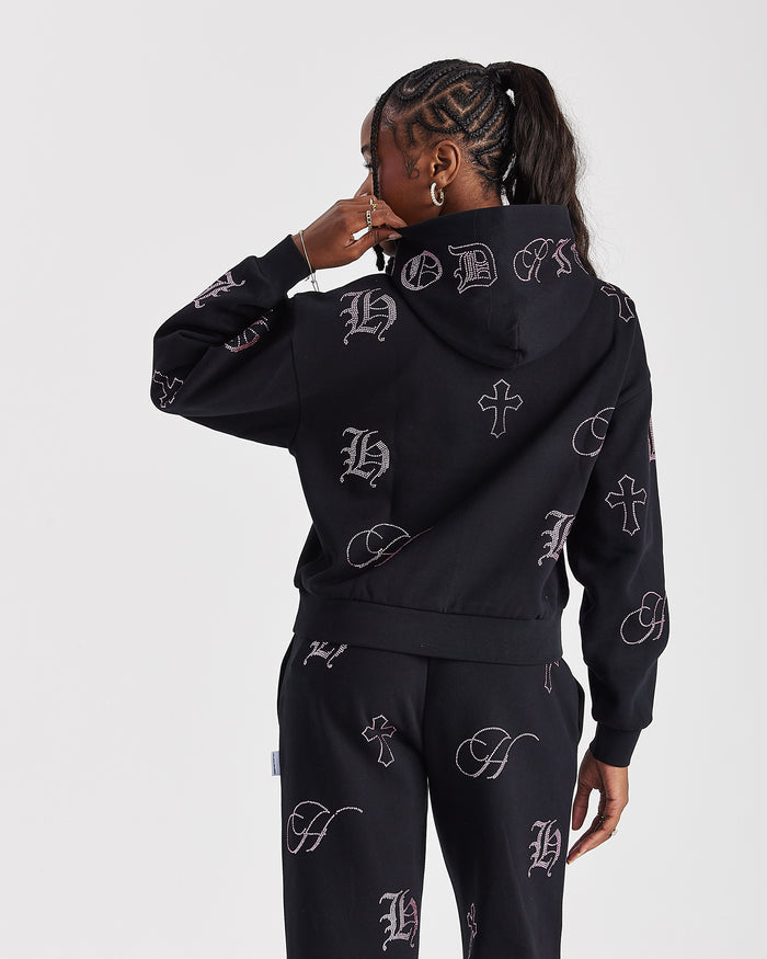 Crystal Mid Length Hoodie - Black/Pink Rhinestone