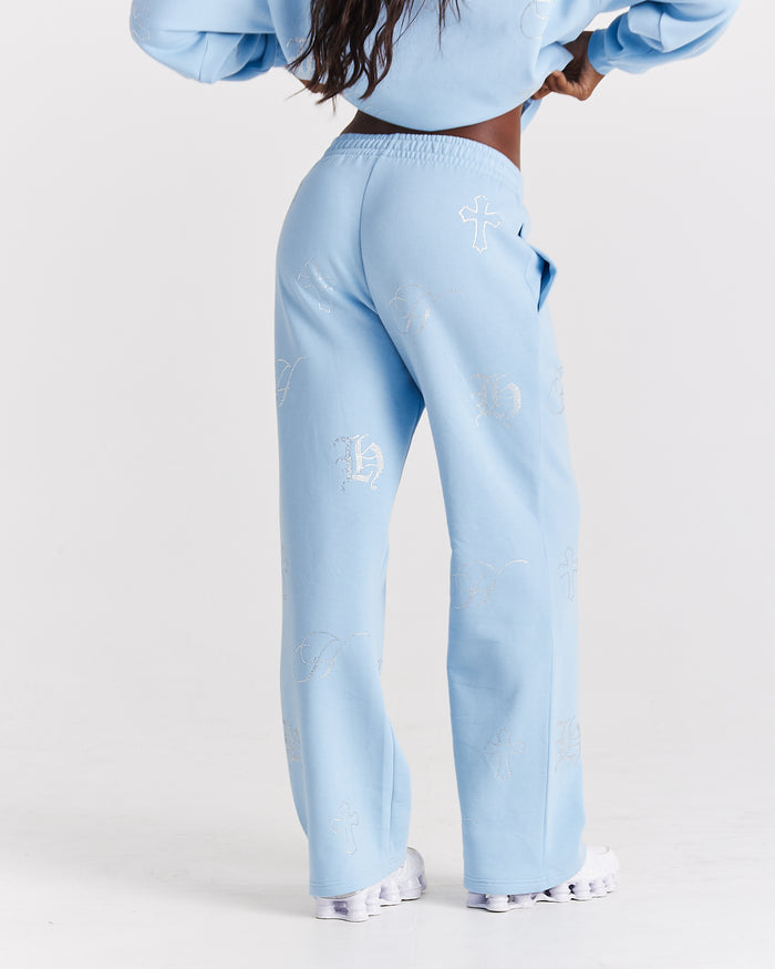 Crystal Wide Leg Jogger - Light Blue/Rhinestone
