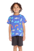 Boy wearing the Chaser Kids Cyber Surfer Tee in blue with colorful ocean and gaming graphics on a white background