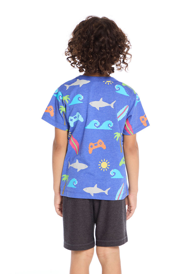 Back view of the Chaser Kids Cyber Surfer Tee in blue with continued colorful ocean and gaming graphics on a white background