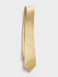 Daffodil silk necktie with twill texture, draped diagonally on a grey background.