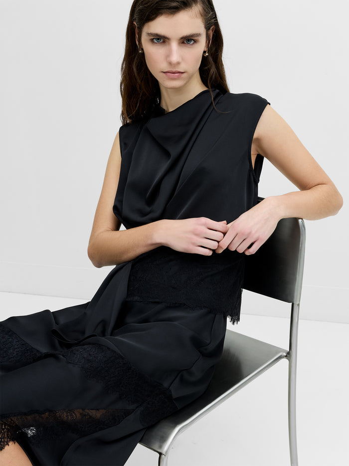 Dahlia Dark Grey Satin Draped Lace Hem Top