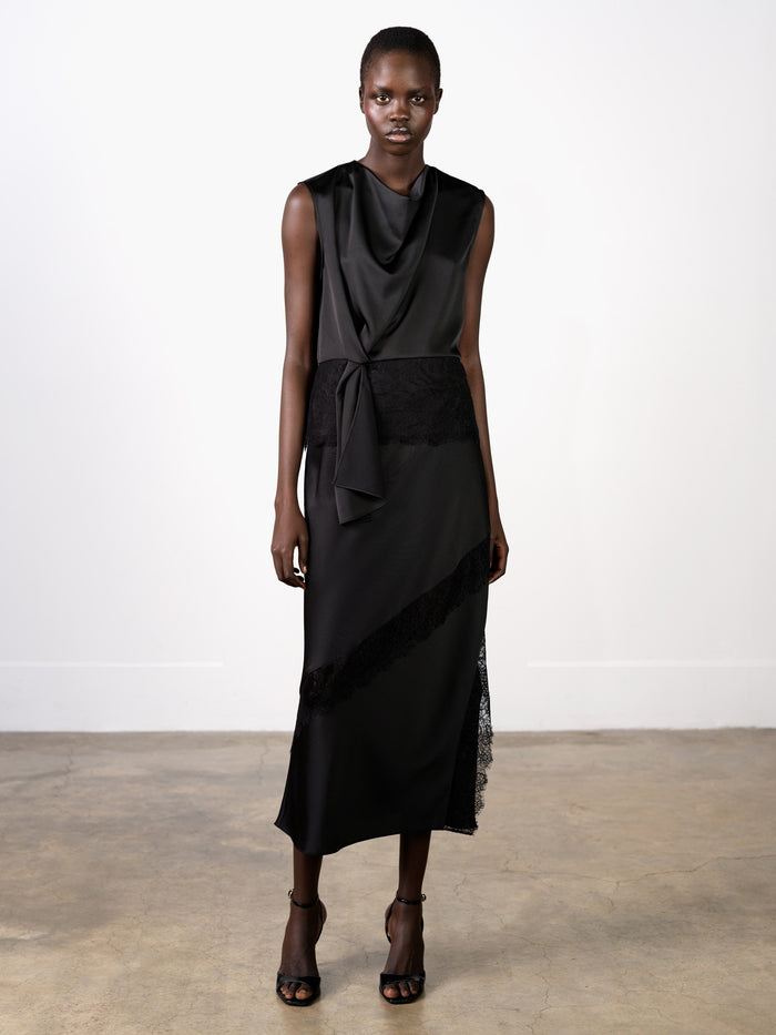 Dahlia Dark Grey Satin Draped Lace Hem Top