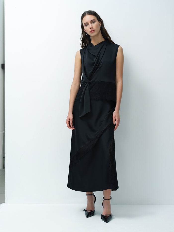 Dahlia Dark Grey Satin Draped Lace Hem Top