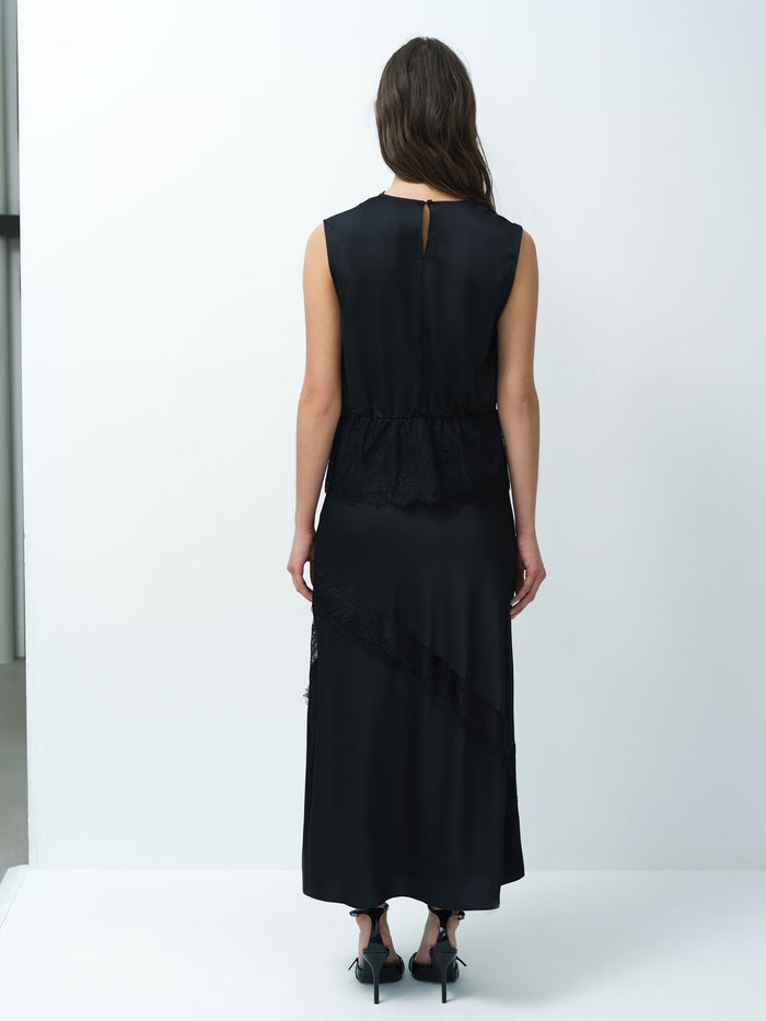 Dahlia Dark Grey Satin Draped Lace Hem Top