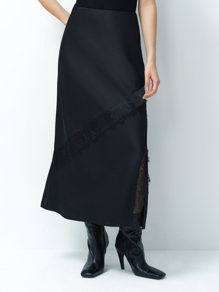 Dahlia Dark Grey Satin Lace Mix Midi Skirt