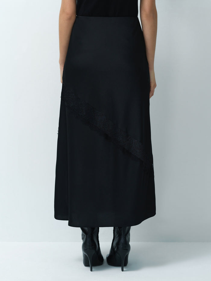 Dahlia Dark Grey Satin Lace Mix Midi Skirt