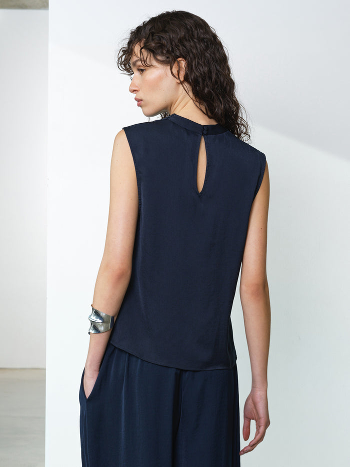 Damasco Air Flow Sleeveless Cowl Neck Navy Top