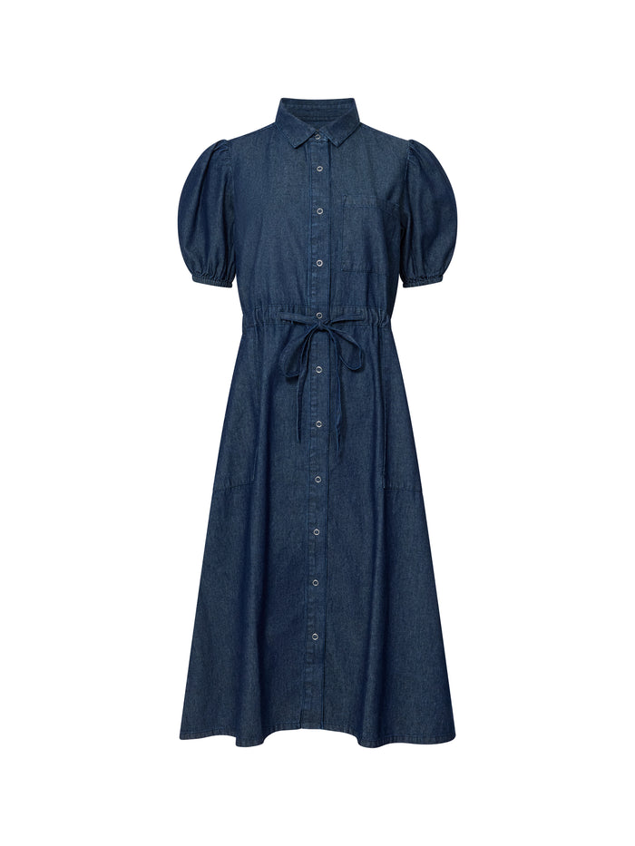 Dark Blue Chambray Tie Waist Shirt Dress