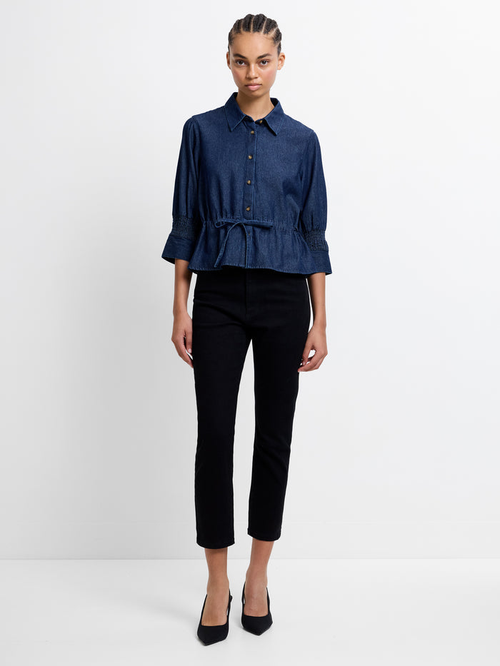Dark Blue Chambray Tie Waist Shirt