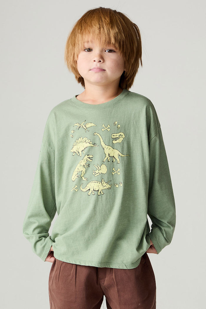 Front view of a boy wearing the green Chaser Dino Action Boys Tee on a neutral background with pants