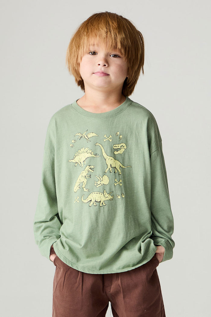 Front view of a boy wearing the Chaser Dino Action Boys Tee on a neutral background with hands in pockets of pants