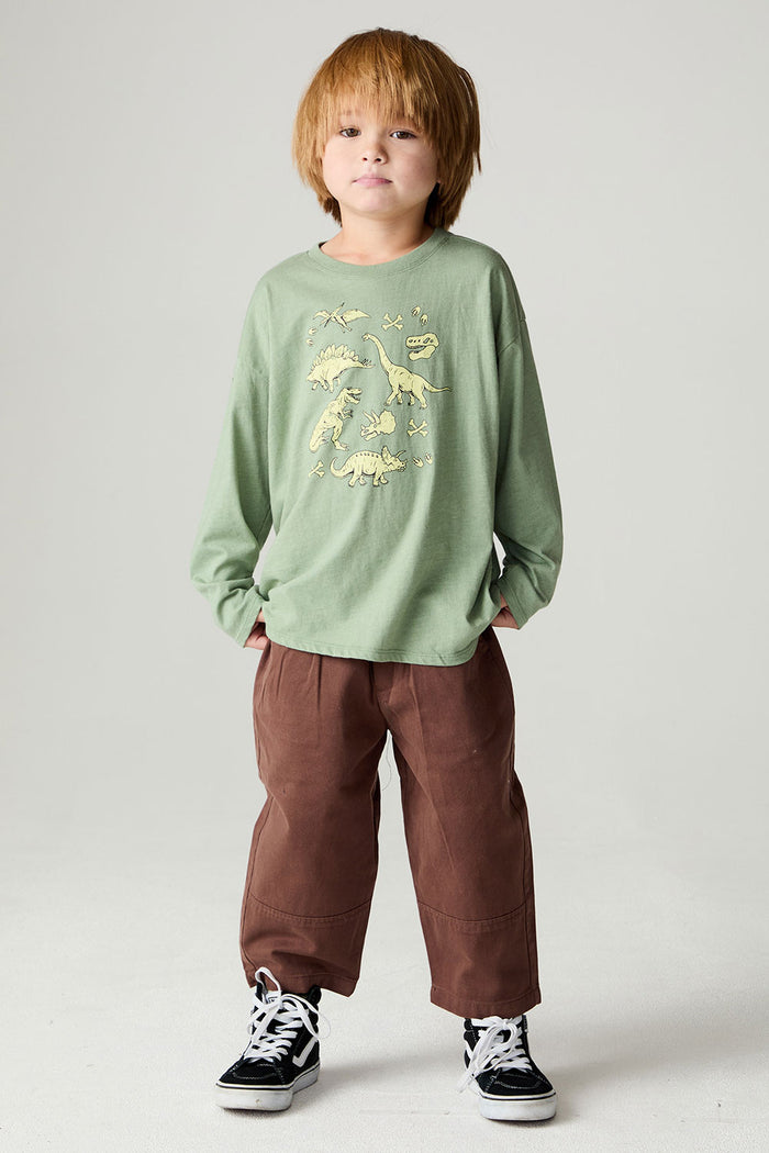 A full body front view of a boy wearing the Chaser Dino Action Boys Tee on a neutral background