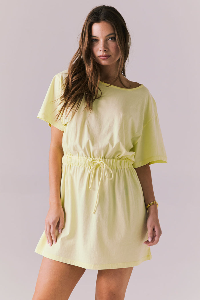 Chaser Dixie Panna Cotta Mini Dress featuring a drawstring waist and soft relaxed sleeves