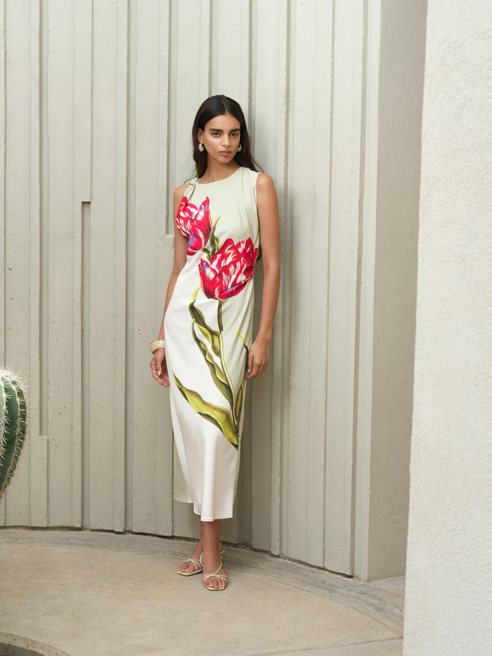 Dori Satin Floral Printed Maxi Dress