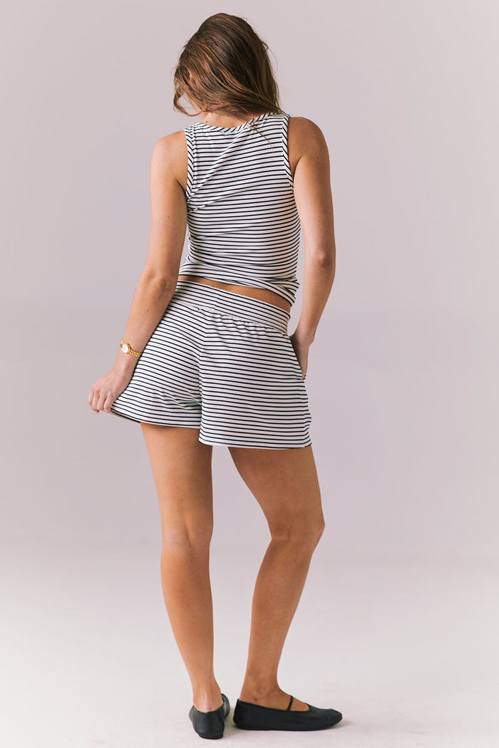 Full-body back view of the Chaser Durango Daytime Stripe Shorts shown with the matching Brandi Daytime Stripe Tank, highlighting the easy lounge silhouette
