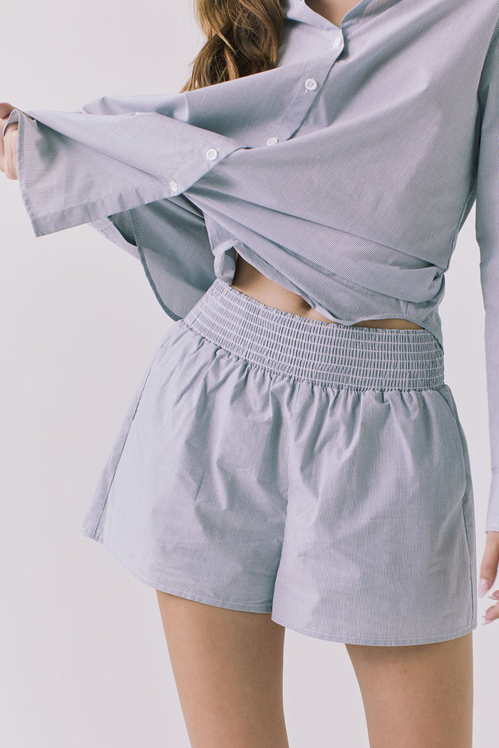 Chaser Durango Pinstripe Shorts shown from the front with a relaxed silhouette elastic waistband and lightweight woven texture