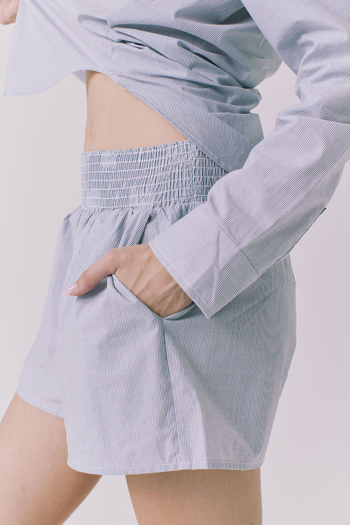 Side view of Chaser Durango Pinstripe Shorts highlighting the easy drape elastic waist and soft pinstripe fabric