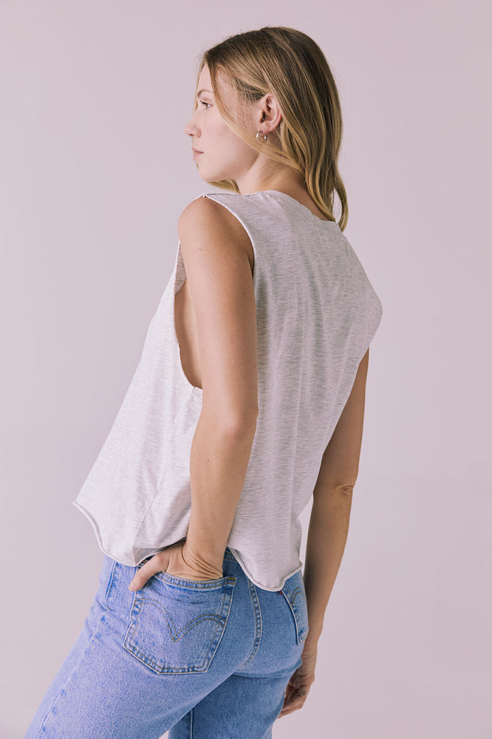 Back view of the Chaser Eagle Light Heather Grey Tank showing straight hem and smooth minimal finish