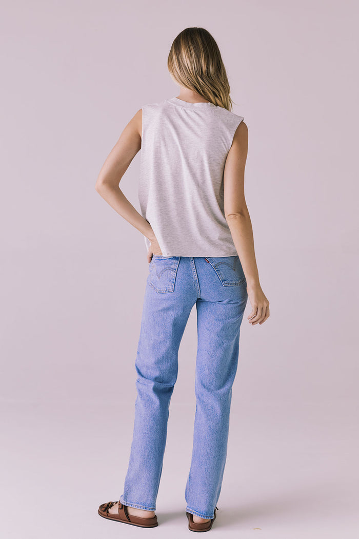 Full-length back angle of the Chaser Eagle Light Heather Grey Tank highlighting relaxed shape and everyday ease