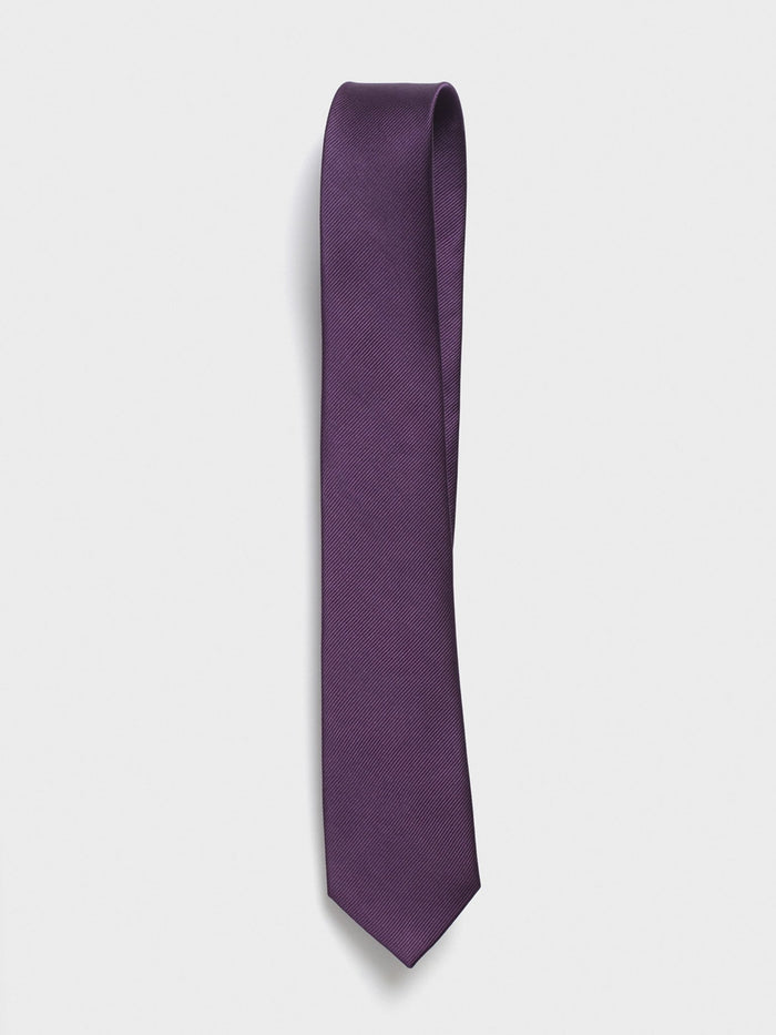 Eggplant purple silk necktie rolled into a loose coil on a grey background.