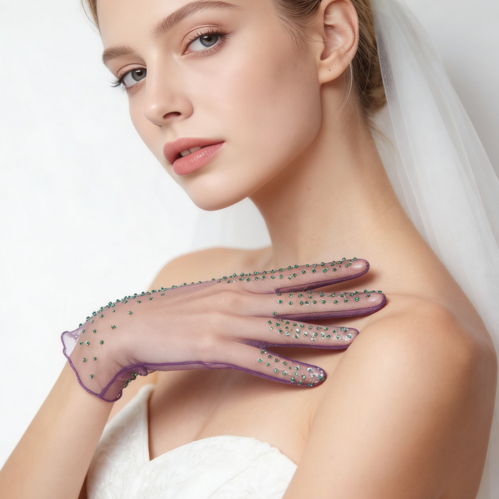 Bride wearing purple crystal embellished gloves with a wedding gown for a modern and artistic bridal photoshoot.