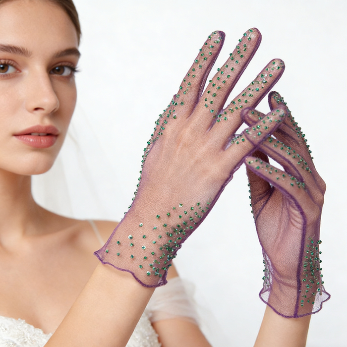 Bride wearing purple crystal embellished gloves with a wedding gown for a modern and artistic bridal photoshoot.